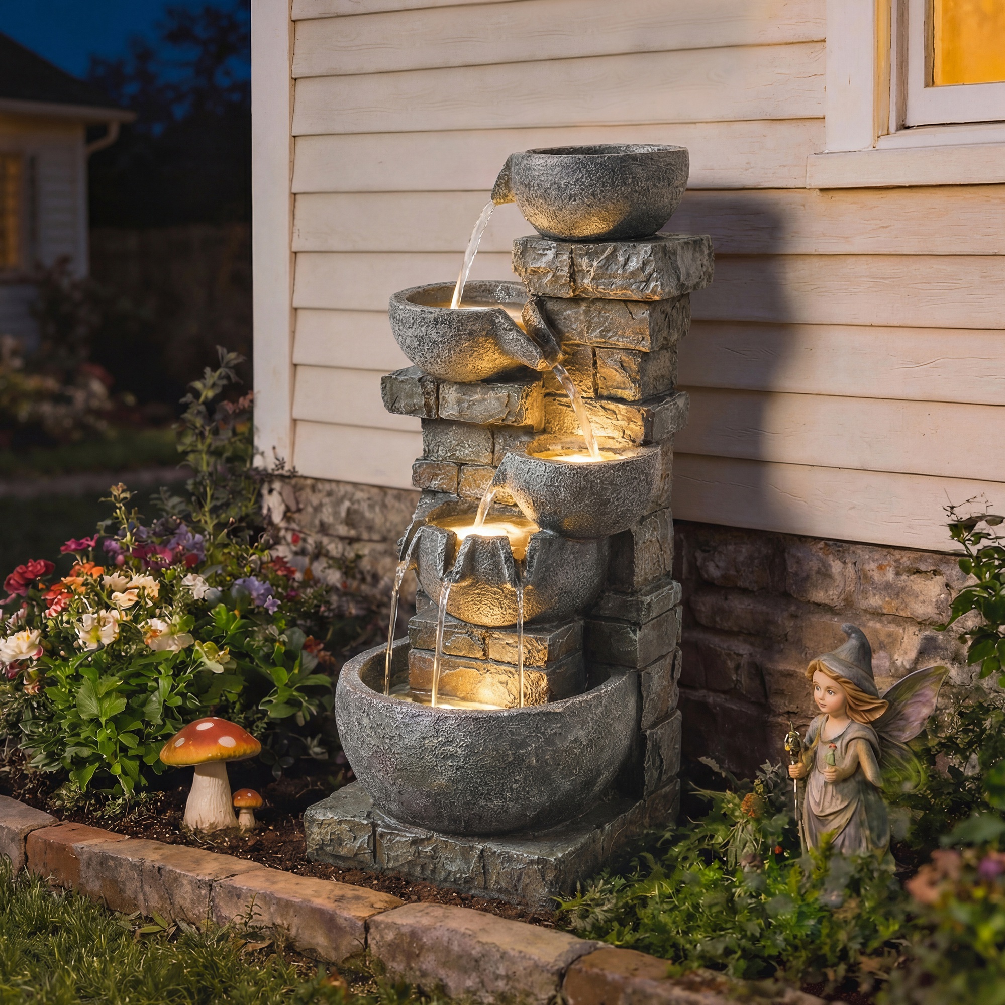 Fuente Cascada LED Jardín 5 Niveles Gris 80cm